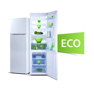 Two refrigerators with fresh food, open door, Class A plus, Eco word, web banner, isolated on white