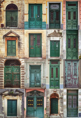 A photo collage of 16 colourful front doors to houses and homes