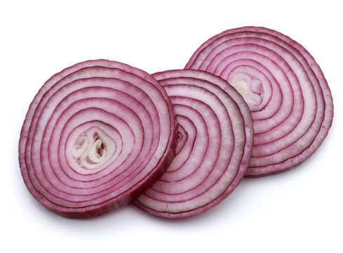 Sliced red onion rings isolated on white background cutout