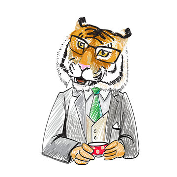tiger male tiger head chief of businessman drinking coffee from