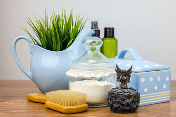 Bath accessories. Personal hygiene items. Bathroom setting. Composition of cosmetic bottles, soap, towel, bath salts and brush. Care for personal hygiene concept. Spa composition.