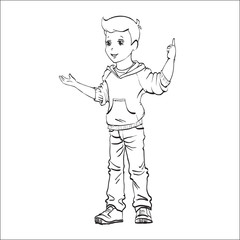boy character in jeans and hoodie points finger isolated vector