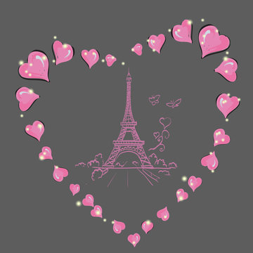 Eiffel tower romantic heart frame vector illustration