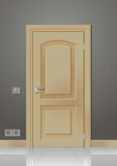 Door in the wall of the room with a frame and handle chrome