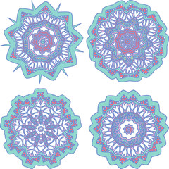 Drawings of a four ethnic mandalas in blue colors