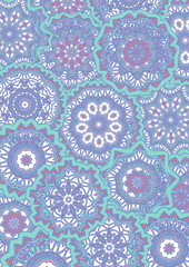 Drawing of a pattern with ethnic mandalas in violet colors