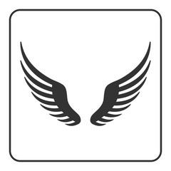 Wings icon. Design graphic element. Template for logo or other uses. Abstract sign. Symbol of bird, flight, freedom. Black silhouette, isolated on white background. Flat style. Vector illustration.
