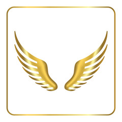 Fototapeta na wymiar Wings golden icon. Design graphic element. Template for logo or other uses. Abstract sign. Symbol of phoenix, bird, flight, freedom. Gold silhouette isolated on white background. Vector illustration.