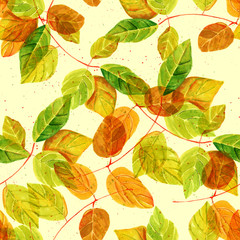 Seamless background pattern with watercolor green and golden yellow leaves
