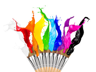 paintbrush row with colorful rainbow color splashes isolated on white background