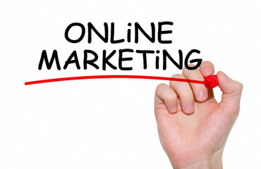 Hand writing inscription "Online Marketing" with marker, concept