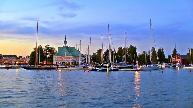 Island pier and yachts in the Old Town of Helsinki, Finland