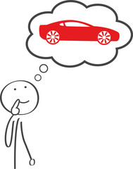 Strichmännchen überlegt sich den kauf eines neuen Sportwagens