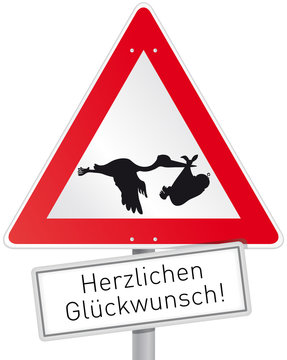 Schild Storch mit Baby Herzlichen Gl&uuml;ckwunsch