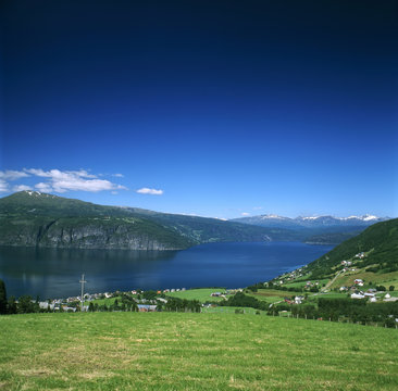 Norway. One of the most beautiful views of Innvikfjord. There are Berge and Hamar village on second plan (Stryn commune)