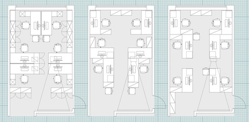 Standard office furniture symbols set used in architecture plans, office planning icon set, graphic design elements on blueprint. Small Office room - top view plans. Vector isolated.