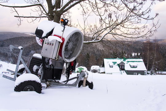 Snow making machine, cannon, blower, at ski resort