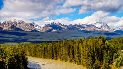 Morant's Curve in the Bow River with Haddo Peak, Saddle Mountain and Fairview Mountain in the background in Banff National Park, Alberta, Canada