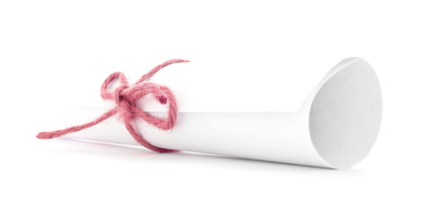 White letter roll tied with rope, single red knot isolated