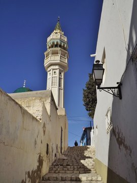 Minaret of a mosque in the old town of Zaghouan, Northeast Tunisia.