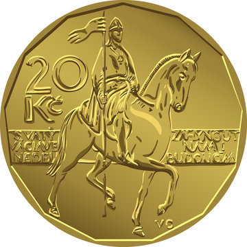 Gold money, reverse of the coin twenty czech crones with figure 20 and a sign of the crown to the left of the stylized image of the equestrian statue of St Wenceslas on Wenceslas Square in Prague