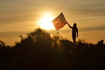 Man Holding a USA Flag on a Hill
