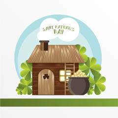 Card for St. Patrick Day. Leprechaun house and the Pot with golden coins. Cartoon funny style.