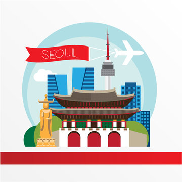 Seoul, detailed silhouette. Trendy vector illustration, flat style. Stylish colorful  landmarks. Gwanghwamun - The symbol of South Korya.