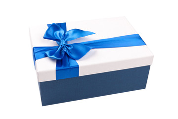 White gift Box with blue ribbon Isolated on white background