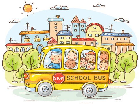 School bus with happy kids in the city