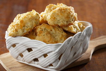Basket full of cheddar cheese biscuits