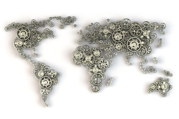 Map of the world from metallic gears. Global economy connections