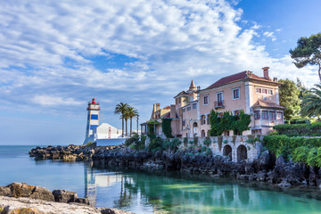 Santa Marta Lighthouse and Museum in Cascais, Portugal - obrazy, fototapety, plakaty