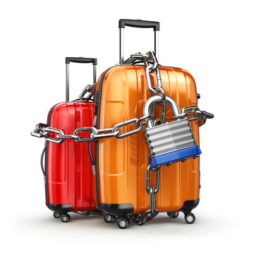 Luggage with chain and lock. Security and safety of baggage or e