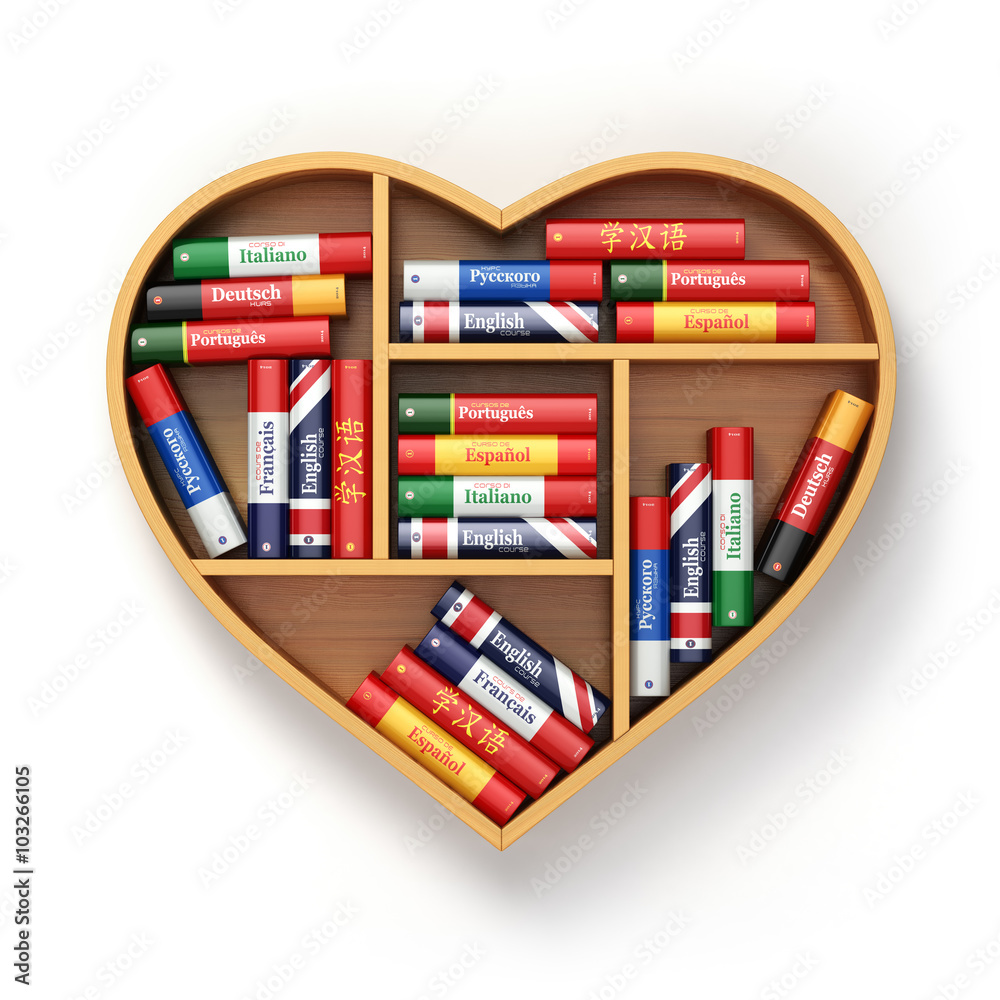 Poster Bookshelf with ictionaries in form of heart. Learning language c