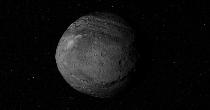 A smooth, gentle entry into orbit around Vesta. Reverse clip for a departure shot. Data: JPL/USGS Astrogeology.


