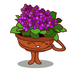 Cartoon  happy flower in a pot.violet flowers