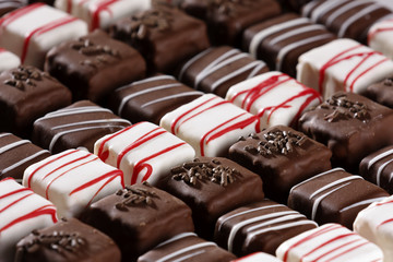 Petit Fours White and Dark Chocolate miniature square cakes.