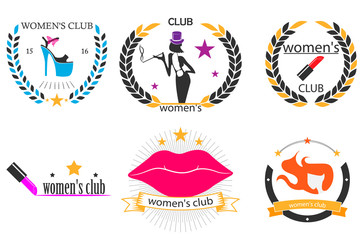 women's club. logo, emblem. lipstick, lips, girl. vector illustration