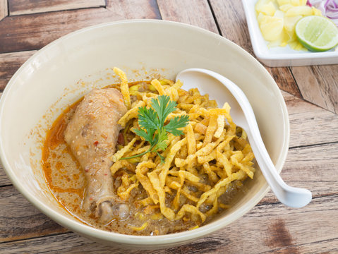 Egg noodle in chicken curry   soup  (Kao Soi Kai ), Thai Food