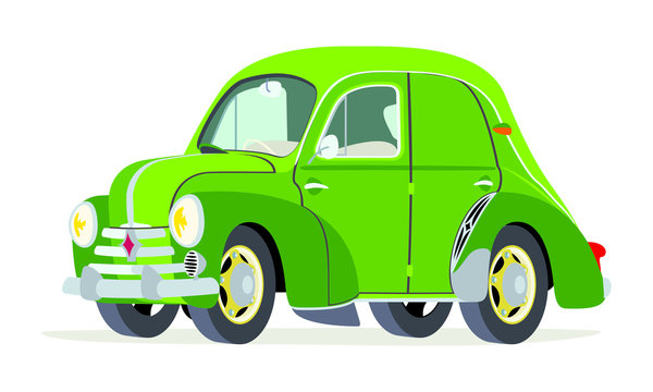 Caricatura Renault 4CV Commerciale verde vista frontal y lateral