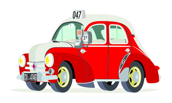 Caricatura Renault 4CV taxi T&uacute;nez vista frontal y lateral