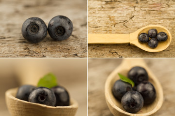 fresh blueberries in spoon on wooden background, Collage