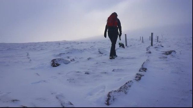 A hiker and their dog approaching the summit of Cairn Gorm in the Scottish Highlands on a cold winters day as the sun tries to break through the cloud.
