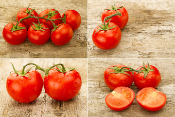 few red tomatoes branch on wooden background