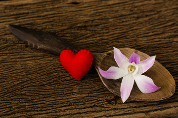 Fototapeta na wymiar red hearts in wooden spoon