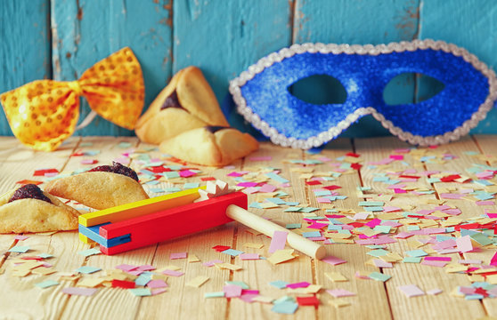Purim celebration concept (jewish carnival holiday). selective focus
