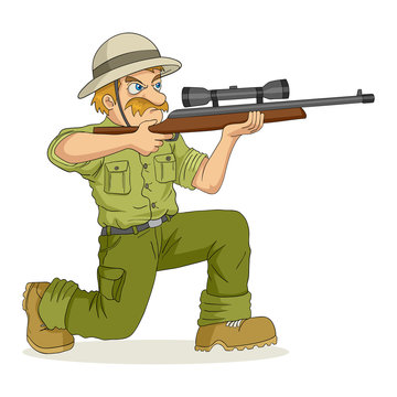 Cartoon illustration of a hunter aiming a rifle