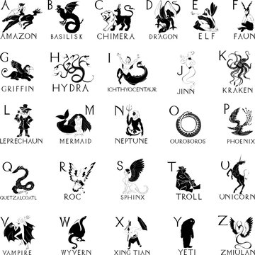 Alphabet with silhouettes of mythical creatures 