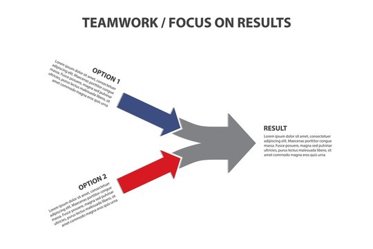 Teamwork And Focus On Results - 2 In 1 Bright Converging Arrows, Vector Infographic